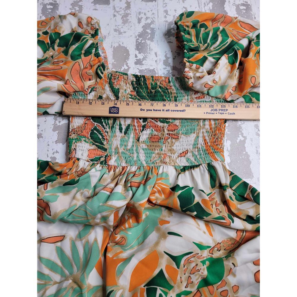 3434 Entro Orange/Green Floral Smocked‎ Midi Dress Puff Sleeves Women's Small - Picture 3 of 6